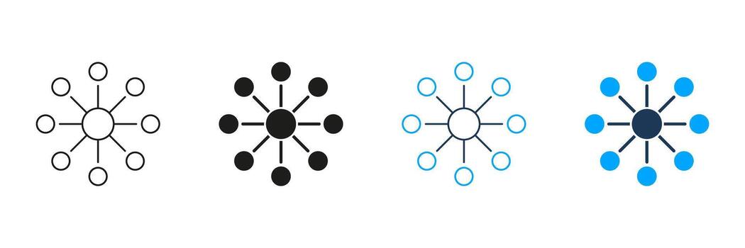 Network Hub And Spoke Line And Solid Icon Set. Centralized Communication And Data Distribution Symbol Collection. Connectivity And Information Flow Representation. Isolated Illustration vector