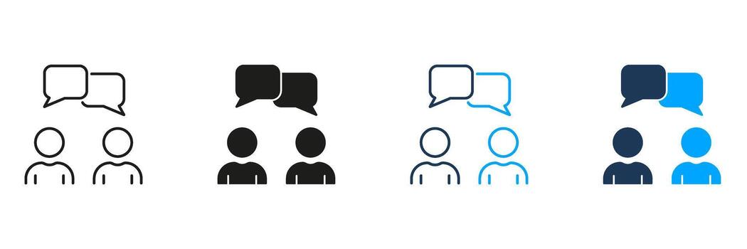 Two People With Speech Bubbles Line And Solid Icon Set. Communication, Dialogue, And Interaction Symbol Collection. Social Networking And Conversation Concept. Isolated Illustration vector