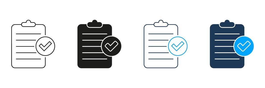 Clipboard With Checkmark Line And Solid Icon Set. Task Completion, Checklist Verification, And Approval Symbol Collection. Project Management And Productivity Tools. Isolated Illustration vector