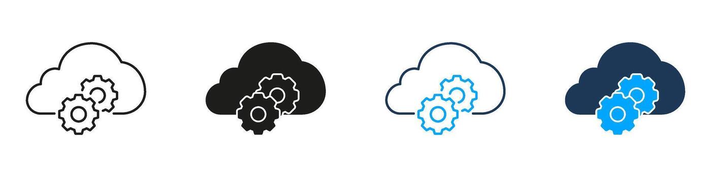 Cloud Computing with Gear Technology Line and Solid Icon Set. Digital Server Storage Innovation Artificial Intelligence Network Symbol Collection. Isolated Illustration vector