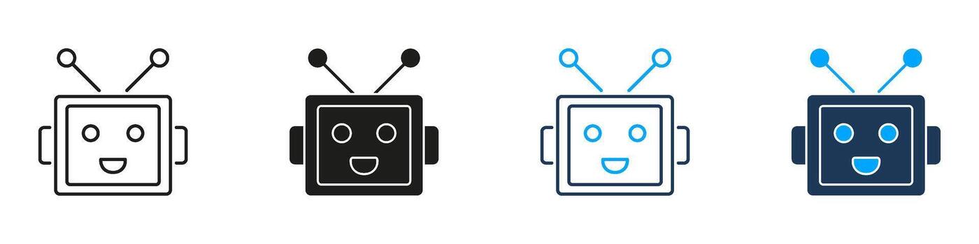 Playful Robot Face Character Line and Solid Icon Set. Artificial Intelligence Chatbot Friendly Machine Technology Symbol Collection. Isolated Illustration vector