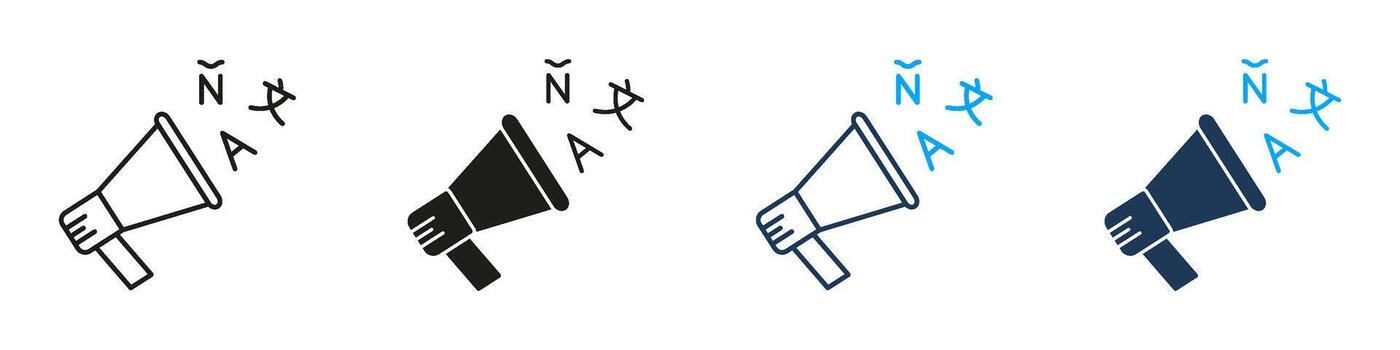 Megaphone With Spanish Letters Line And Solid Icon Set. Language Promotion And Communication Symbol Collection. Multilingual Outreach And Cultural Expression. Isolated Illustration vector