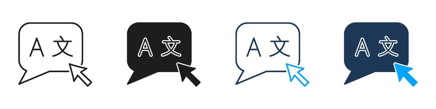 idioma Traducción en línea charla línea y sólido icono colocar. incluye habla burbuja y cursor símbolo recopilación. aislado ilustración vector