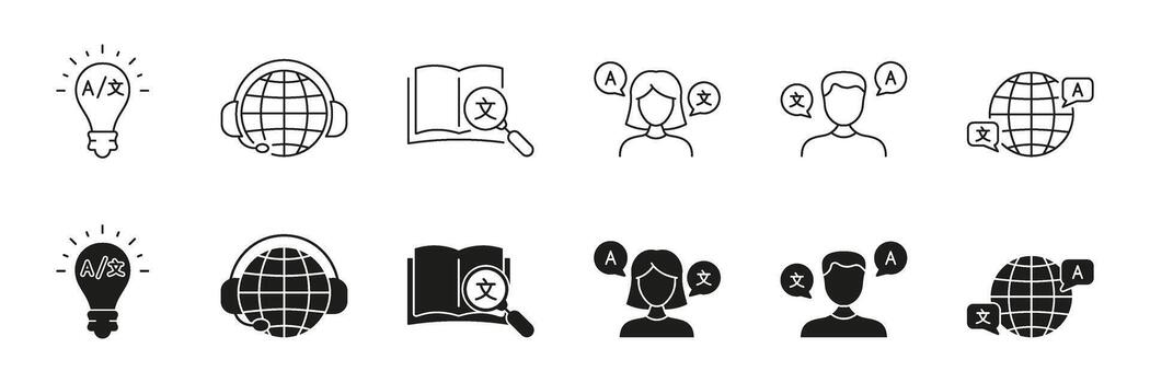 Language Learning And Communication Line And Solid Icon Set. Diverse Language Exchange And Interpretation Symbol Collection. Isolated Illustration vector