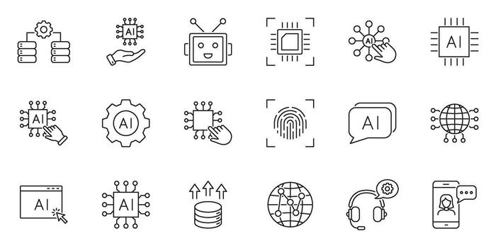 artificial inteligencia y automatización tecnología línea icono colocar. digital transformación, robótica y datos Procesando contorno símbolo recopilación. editable ataque. aislado ilustración vector