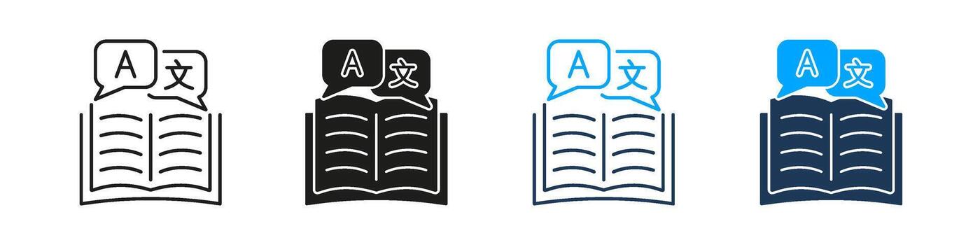 Bilingual Dictionary Line And Solid Icon Set. Open Book And Language Bubble Symbol Collection For Text Reference, Vocabulary Learning, And Translation Support. Isolated Illustration vector