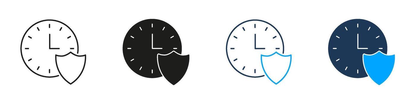 Clock With Shield Line And Solid Icon Set. Time Management And Security Protection Symbol Collection. Reliability And Safety Assurance. Isolated Illustration vector