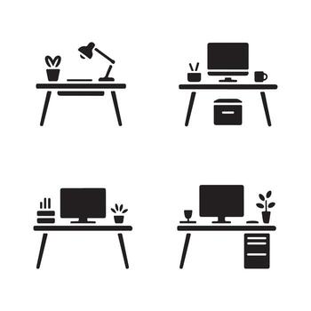 Desk Workspace Setup Solid Icons Set for Office Design vector