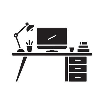 Desk Workspace Setup Solid Icon with Computer vector