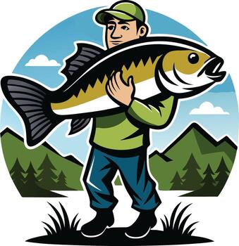 Triumphant Angler Displaying His Big Bass Catch Available on EPS File vector