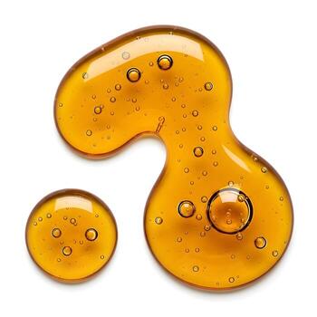 dorado ámbar esencia un De arriba hacia abajo ver de translúcido líquido gotas con atrapado burbujas, reflejando ligero en un danza de viscosidad en contra rígido blanco, un estudiar en suavidad y superficie tensión foto