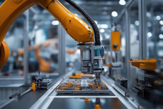 A robot is working on a machine in a factory photo