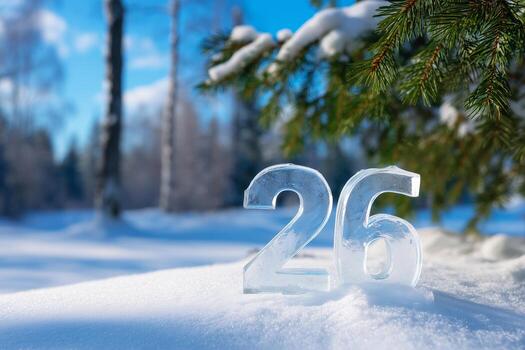 The number 26 is covered in snow in front of a tree photo