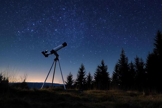 A telescope is set up on a tripod in the middle of a field photo