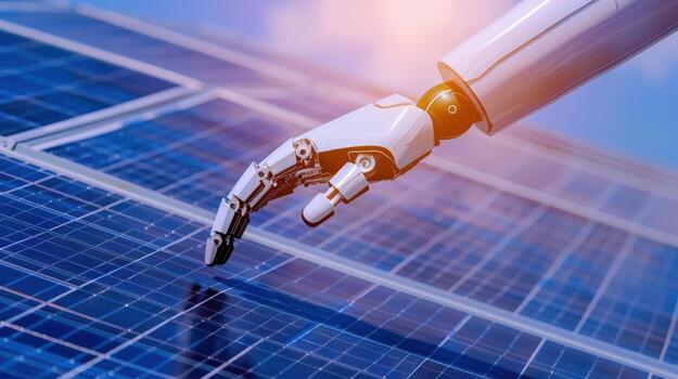 un robot mano es conmovedor un solar panel foto