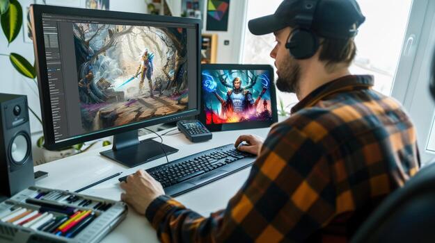 A man is sitting at a desk with two monitors and a computer photo