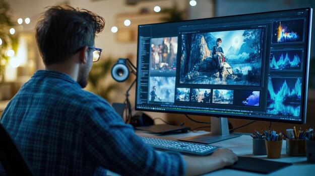 A man is working on a computer with a large screen photo