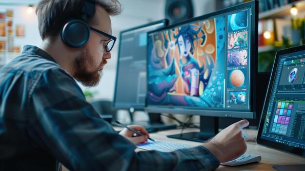 A man wearing headphones is working on a computer photo