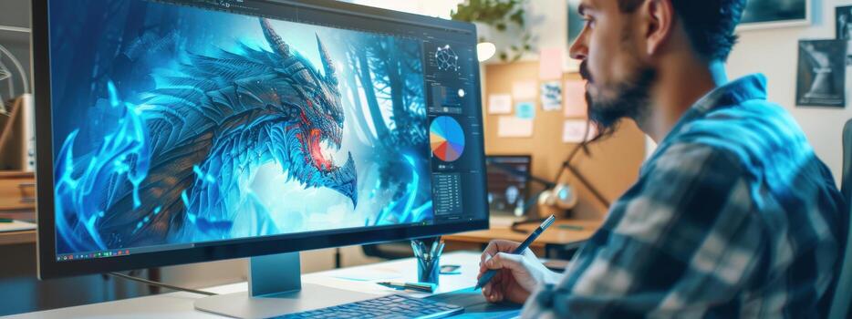 A man is working on a computer screen with a dragon on it photo
