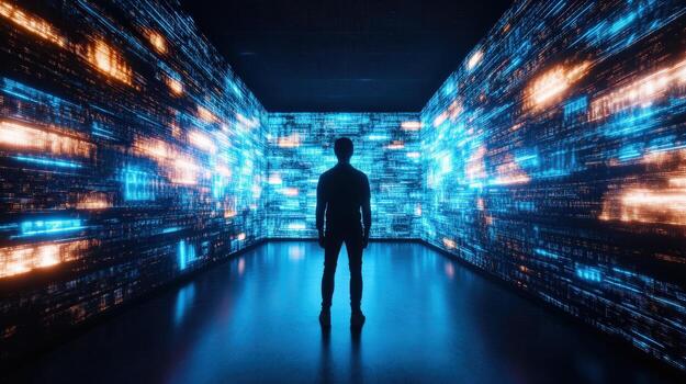 A man standing in front of a dark tunnel with many glowing lights photo