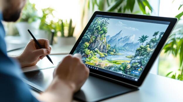 A man is working on a laptop with a pen and a brush photo