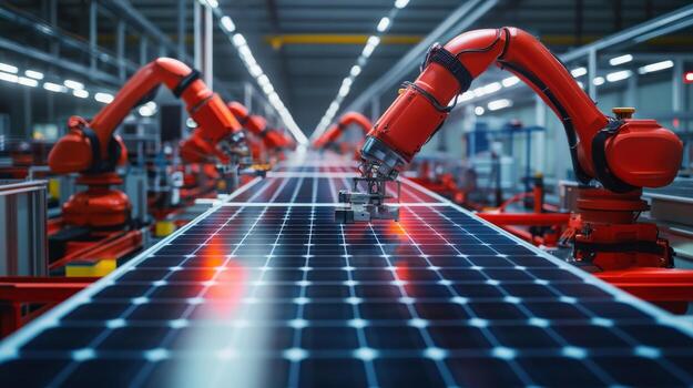 Robot arms working on solar panels in an industrial factory photo
