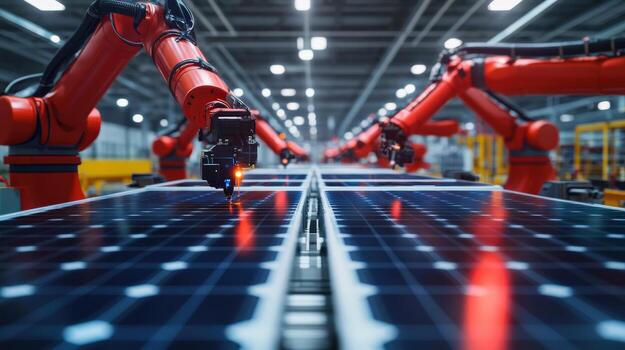 Robots working on solar panels in an industrial factory photo