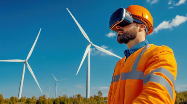 A man in an orange vest and hard hat standing in front of wind turbines photo