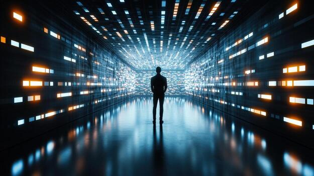 A man standing in a dark tunnel with glowing lights photo