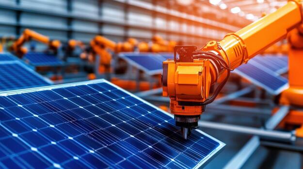 robot brazo en solar paneles en fábrica foto