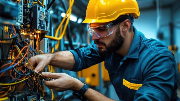 A man in a hard hat and safety glasses working on a computer photo
