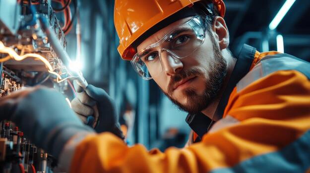 A man in an orange safety vest and glasses working on a circuit board photo
