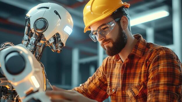 A man in a hard hat and plaid shirt is working on a robot photo