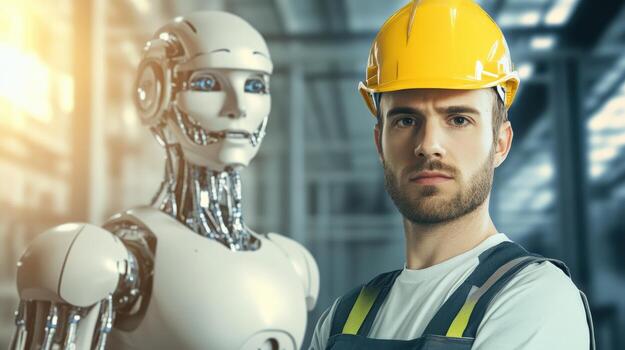 A man in a hard hat and safety vest standing next to a robot photo