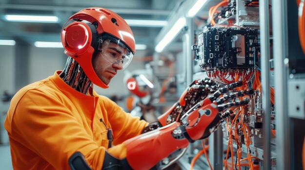 A man wearing an orange helmet and holding a computer photo
