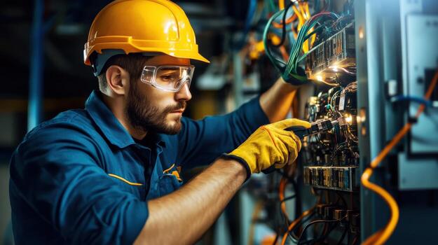 A man in a hard hat and safety glasses working on a panel photo