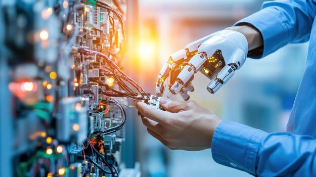 A person with a robot hand working on a computer photo