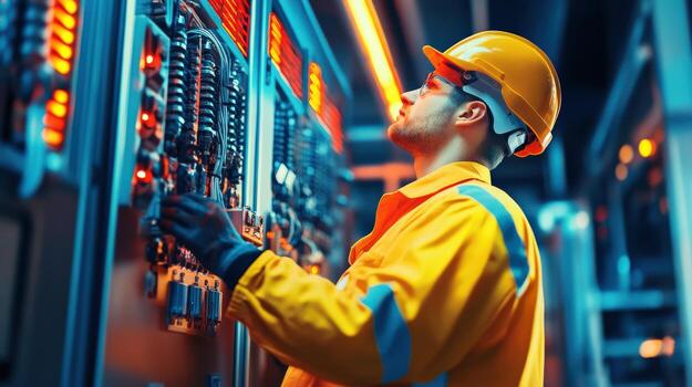 A man in an orange safety vest and hard hat is working on a panel photo