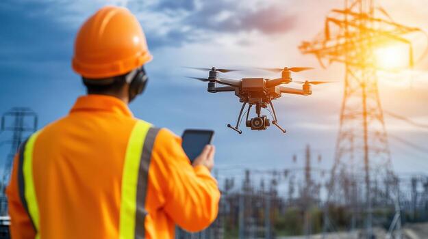 A worker in an orange vest is holding a remote control drone in front of a power station photo
