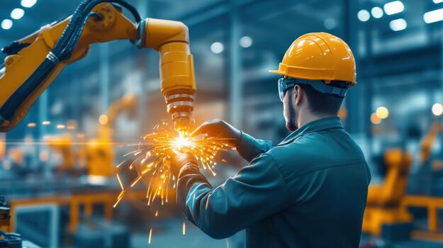 A man in a hard hat working with a robot photo