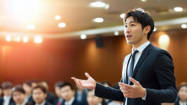 Asian business man giving a presentation in front of a group of people photo