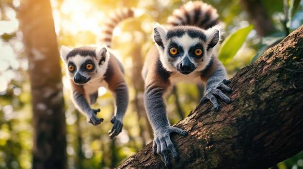 dos anillo cola lémures son alpinismo arriba un árbol foto