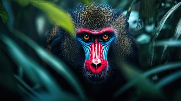 A colorful monkey with a red, yellow and blue face is looking at the camera. The image has a vibrant and lively mood, with the bright colors of the monkey's face photo