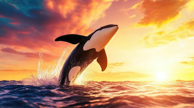 A black and white orca is leaping out of the water. The image has a mood of freedom and excitement, as the orca is in mid-air and he is enjoying it moment photo
