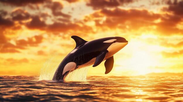 A black and white orca is leaping out of the water. The image has a mood of freedom and excitement, as the orca is in mid-air photo