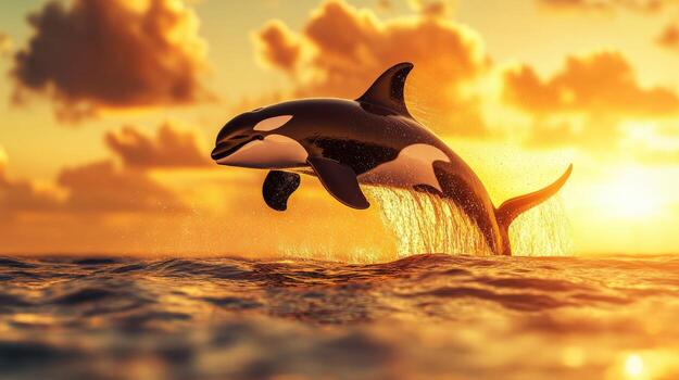 A black and white orca leaping out of the water. The image has a mood of freedom and excitement, as the orca is in mid-air and he is enjoying its moment photo