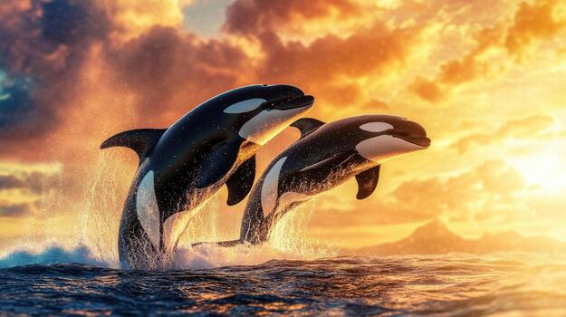 A black white orca is leaping out of the water. The image has a mood of freedom and excitement, as the orca is in mid-air and he is enjoying its moment photo
