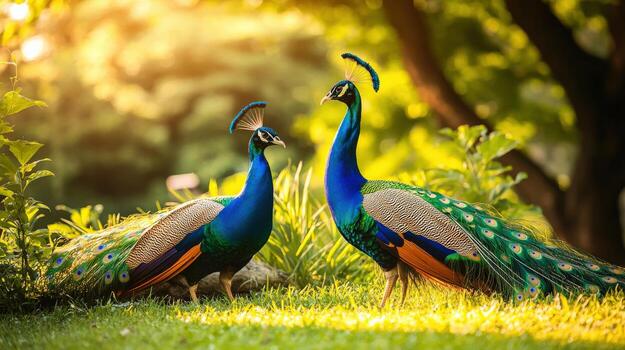 Two peacocks stand in a grassy field. The birds are facing each other and are surrounded by trees photo