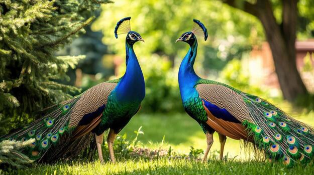 Two peacock standing in a grassy field. The birds are facing each other and are surrounded by trees photo