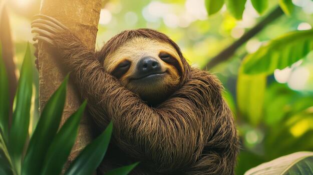 a sloth is smiling in the jungle photo
